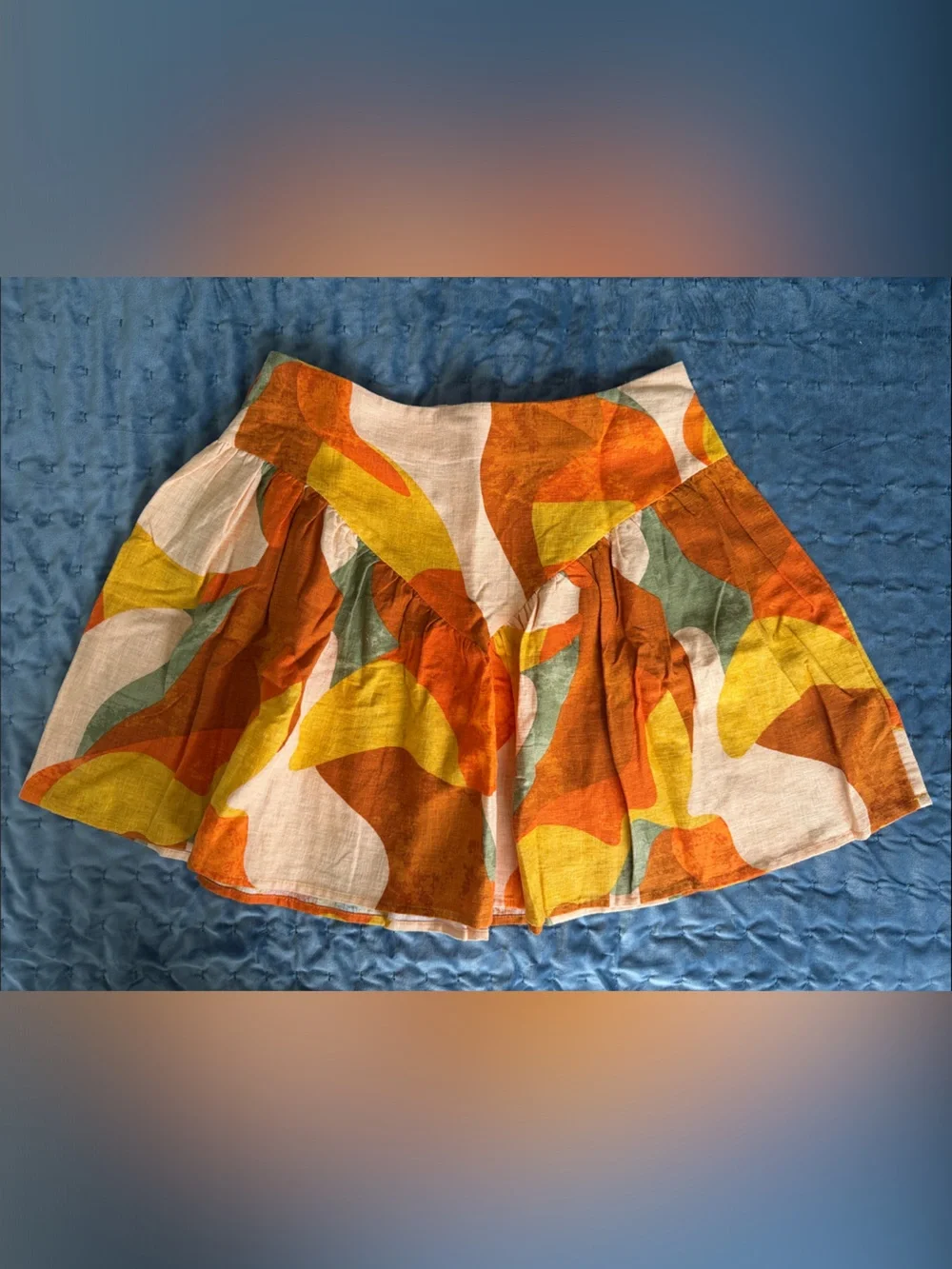 Abstract Print Linen-Blend Mini Skirt in Orange and Yellow